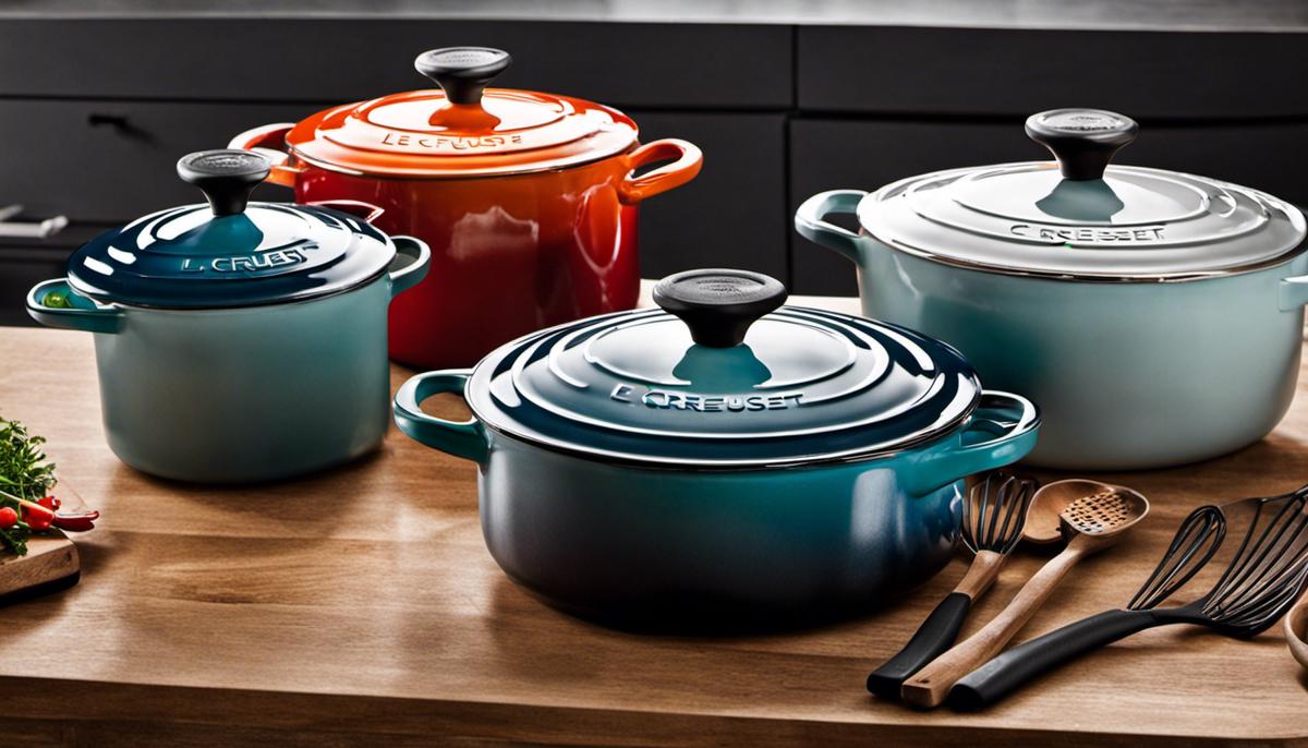 Image depicting a set of Le Creuset cookware on a kitchen counter