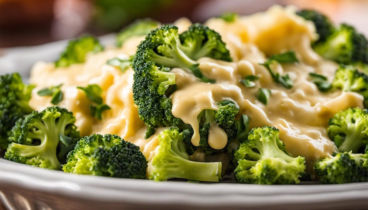 A close-up image of a bowl of broccoli cheese filling, showcasing the vibrant green color and melted cheese topping.