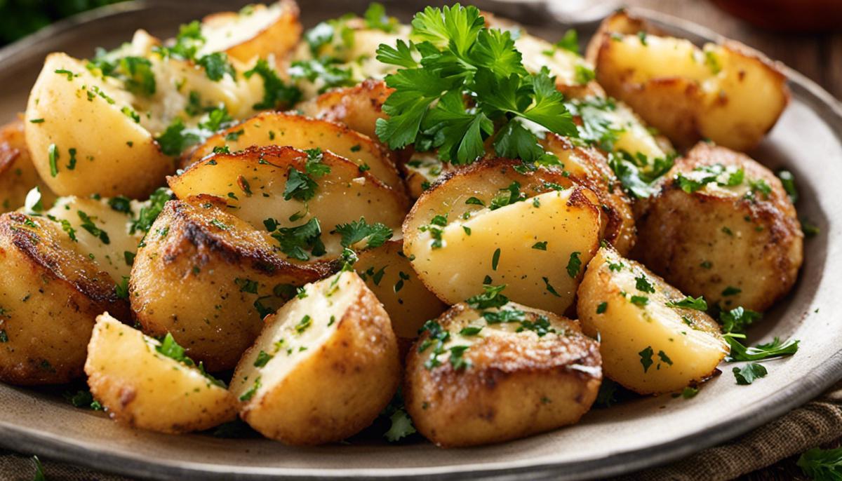 Image of Joe's Crab Shack Buttered Parsley Potatoes, a dish of golden-brown crispy potatoes garnished with freshly chopped parsley.