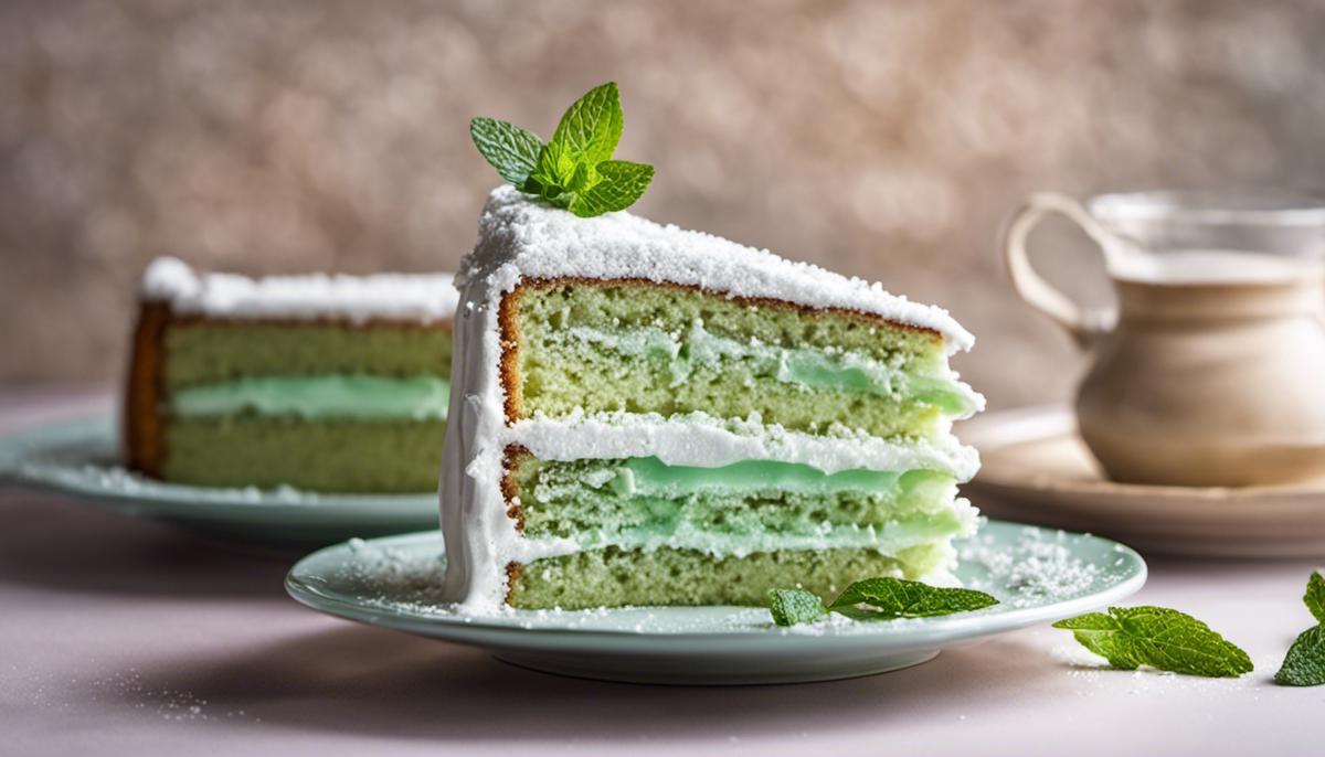 A beautifully presented cake with powdered sugar, garnishes, and a mint sprig on a neatly decorated serving plate