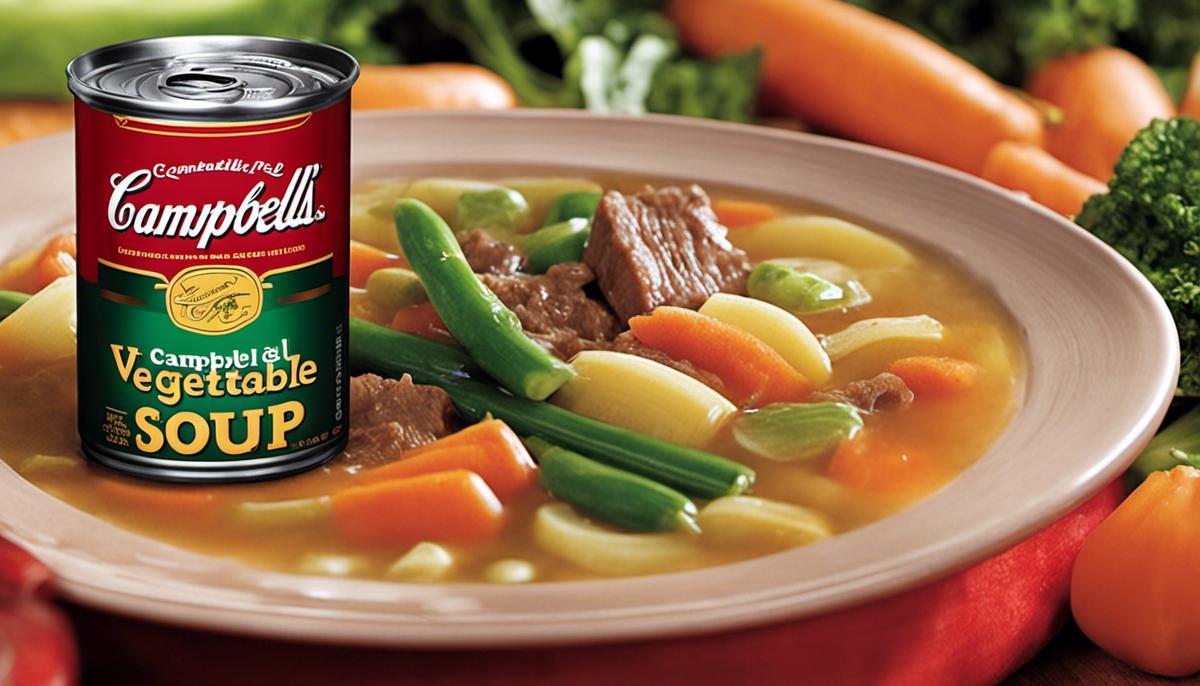 A can of Campbell's Vegetable Beef Soup with rich broth, tender beef, and colorful vegetables, representing the beloved soup.