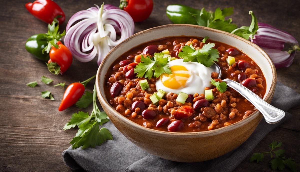 A bowl of chili with garnish, representing the dish with flavorful ingredients and balance.