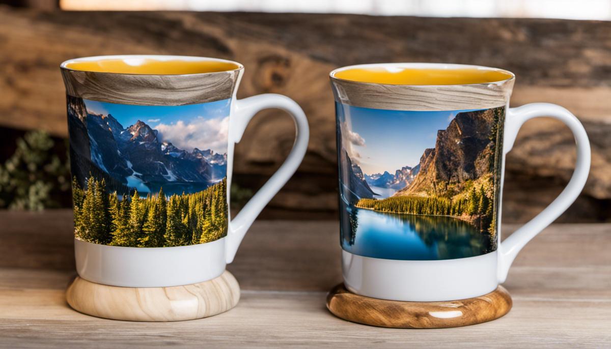 Two different coffee mugs, one smaller with 11 oz capacity and one larger with 15 oz capacity, displayed side by side.
