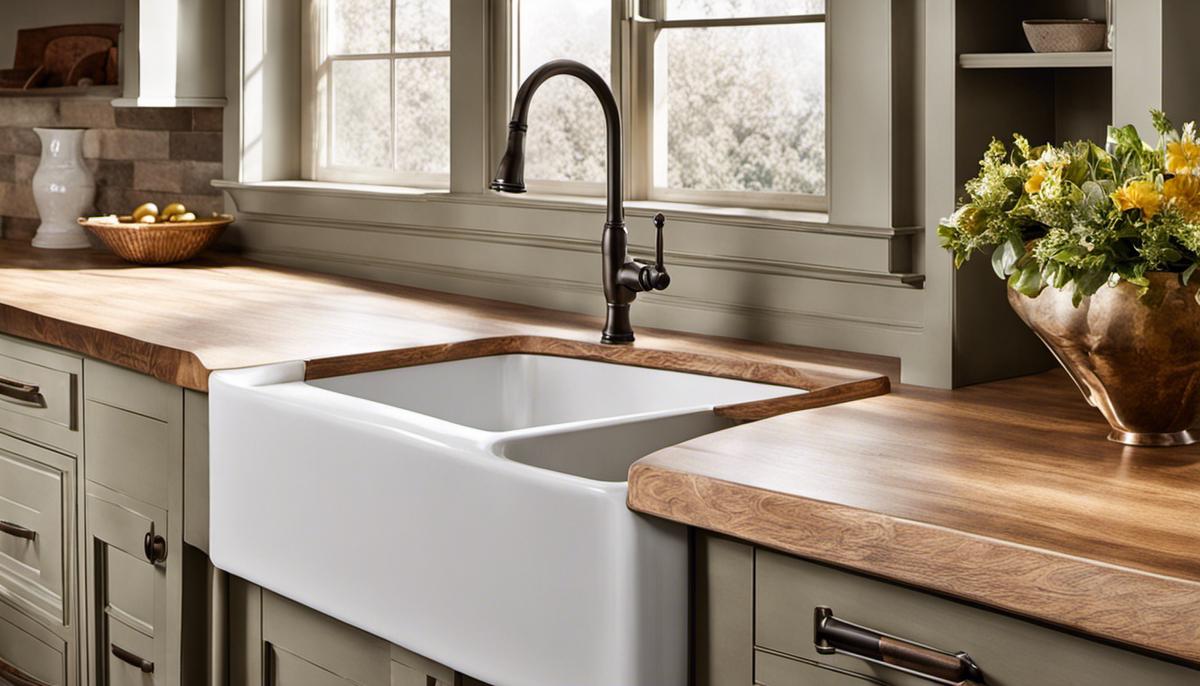 Vintage farmhouse sink with an exposed apron front, adding elegance and charm to a kitchen decor