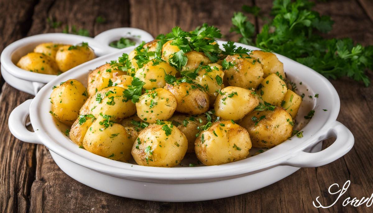 A plate of buttered parsley potatoes at Joe's Crab Shack, showing golden potatoes with a sprinkle of fresh parsley on top.
