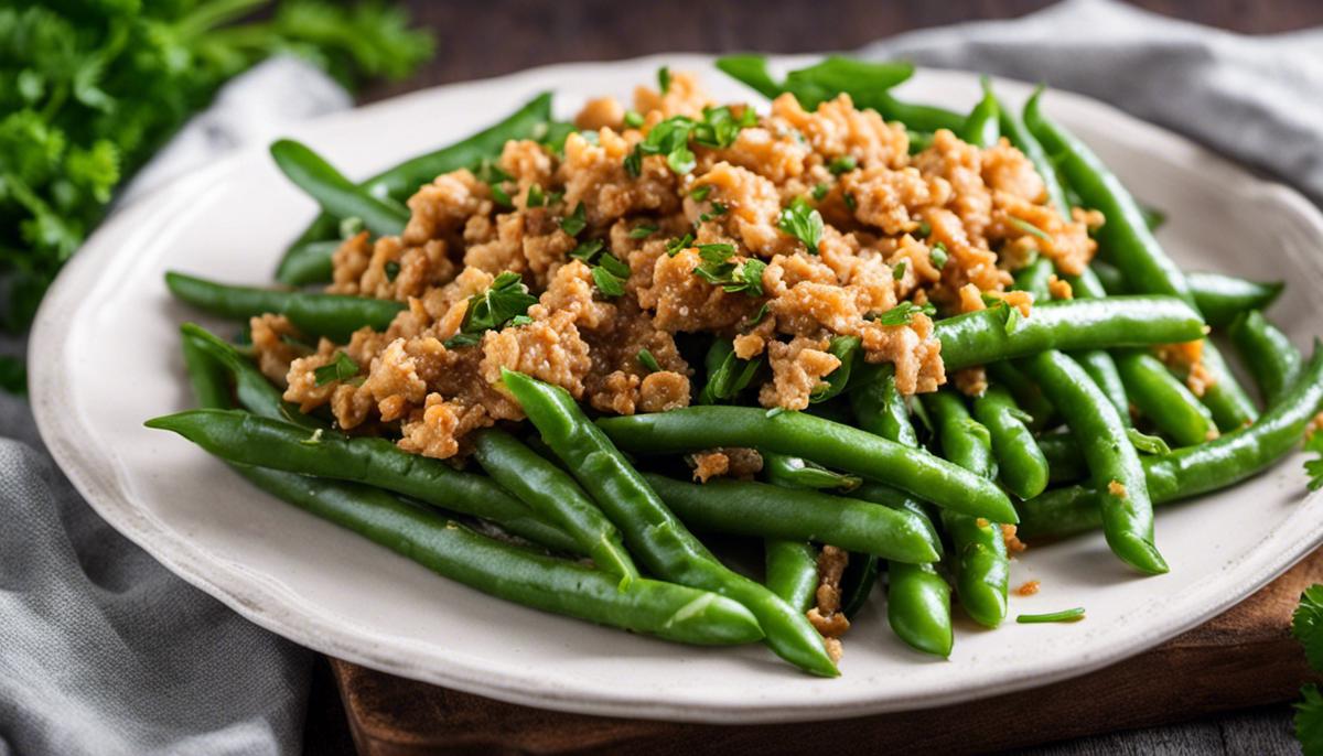 A plate of delicious KFC-style green beans with a garnish of fresh parsley.