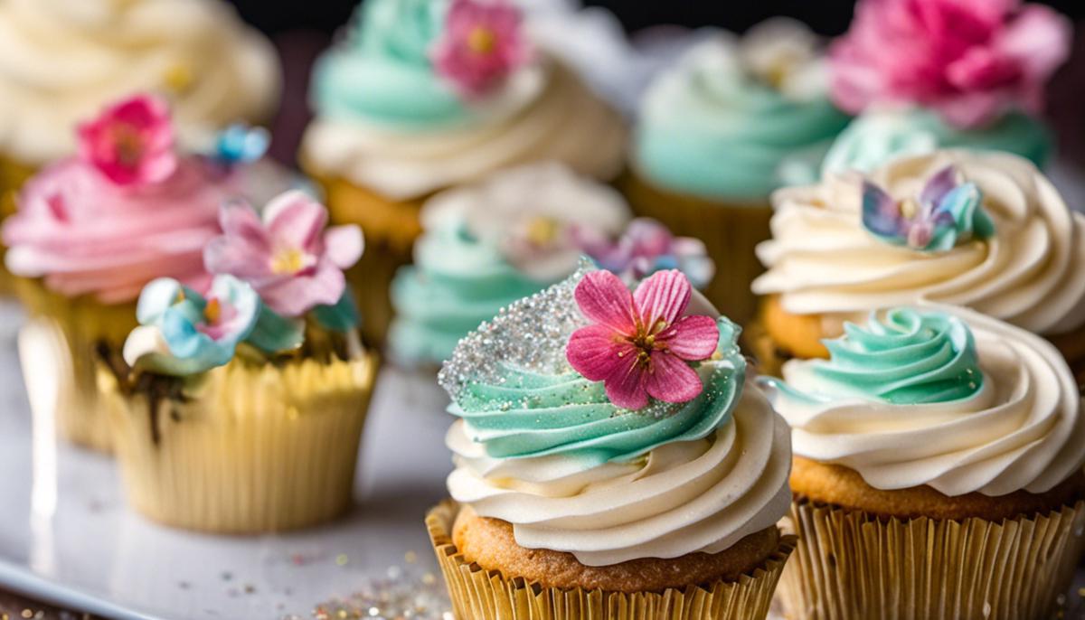 A close-up image of cupcakes with vanilla buttercream icing, garnished with colored sugar and glitter.