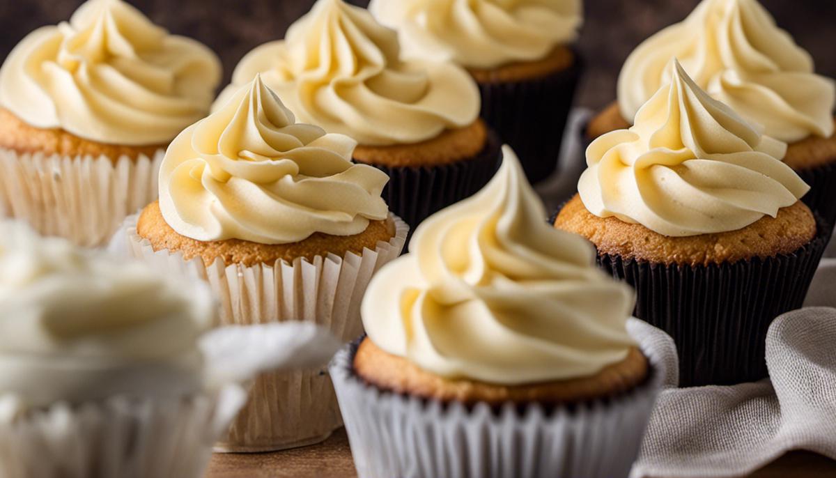 A close-up image of a batch of vanilla cupcakes topped with buttercream frosting