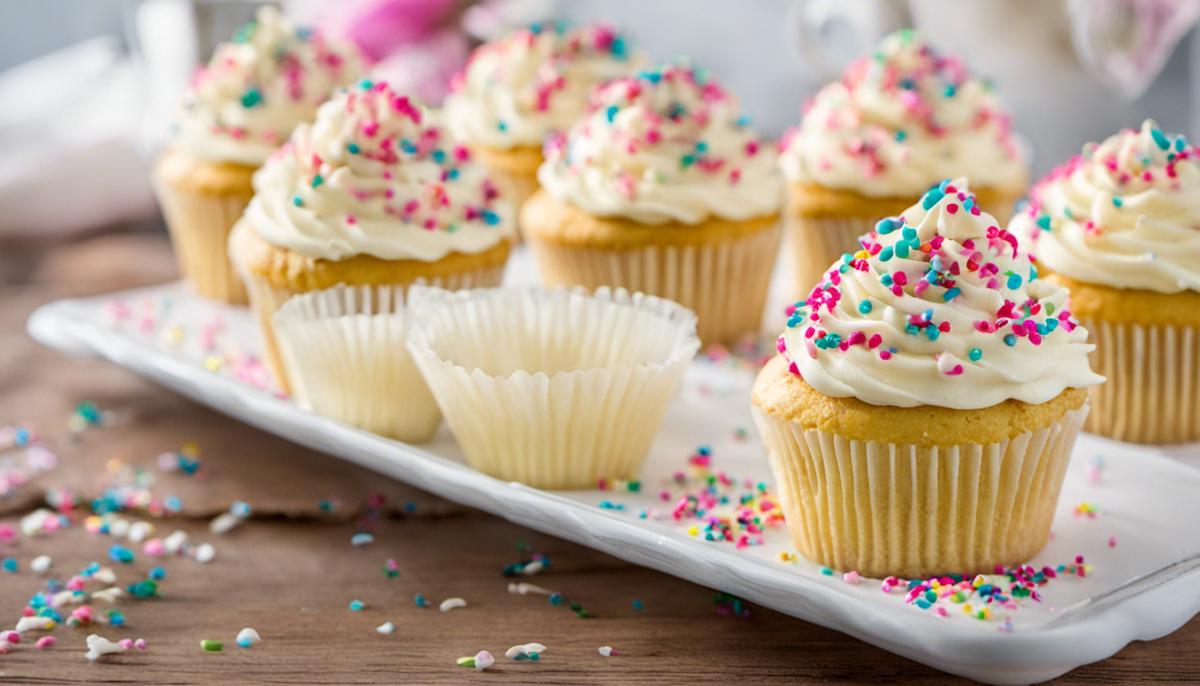 A close-up image of Magnolia Bakery's vanilla cupcakes topped with buttercream frosting and sprinkles.