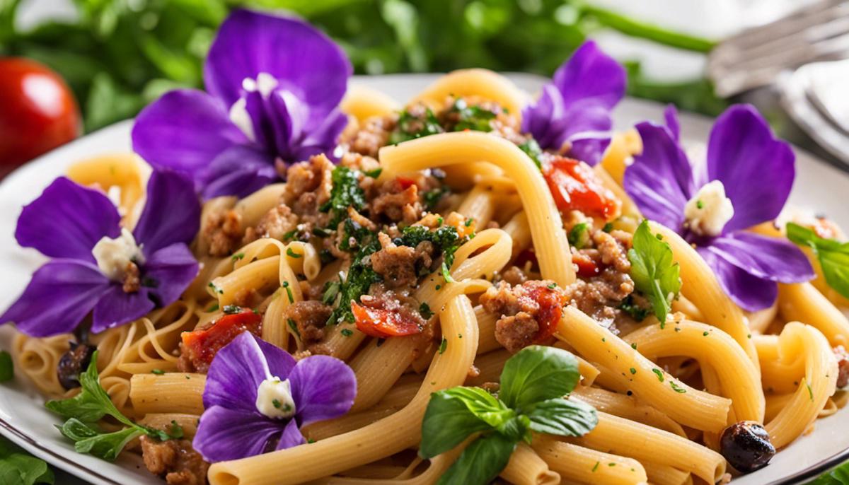 A delicious plate of Mardi Gras pasta with colorful ingredients and a flavorful sauce.