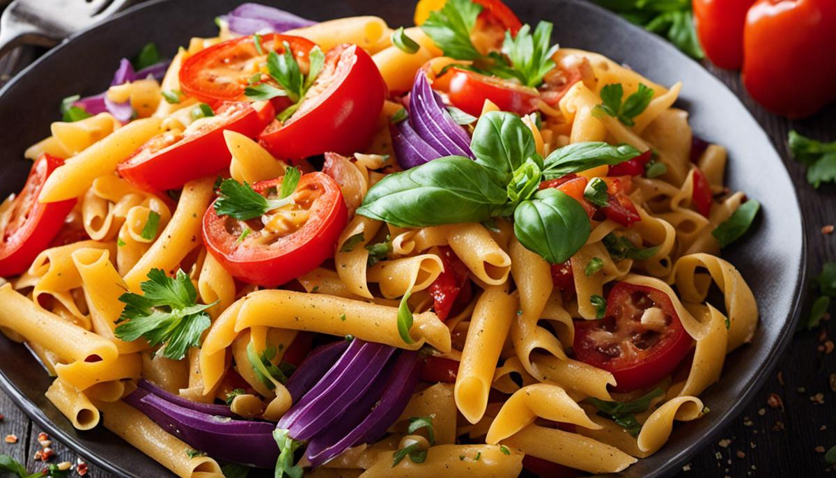 A photo of a vibrant and colorful dish of Mardi Gras pasta with bell peppers, tomatoes, and various toppings.