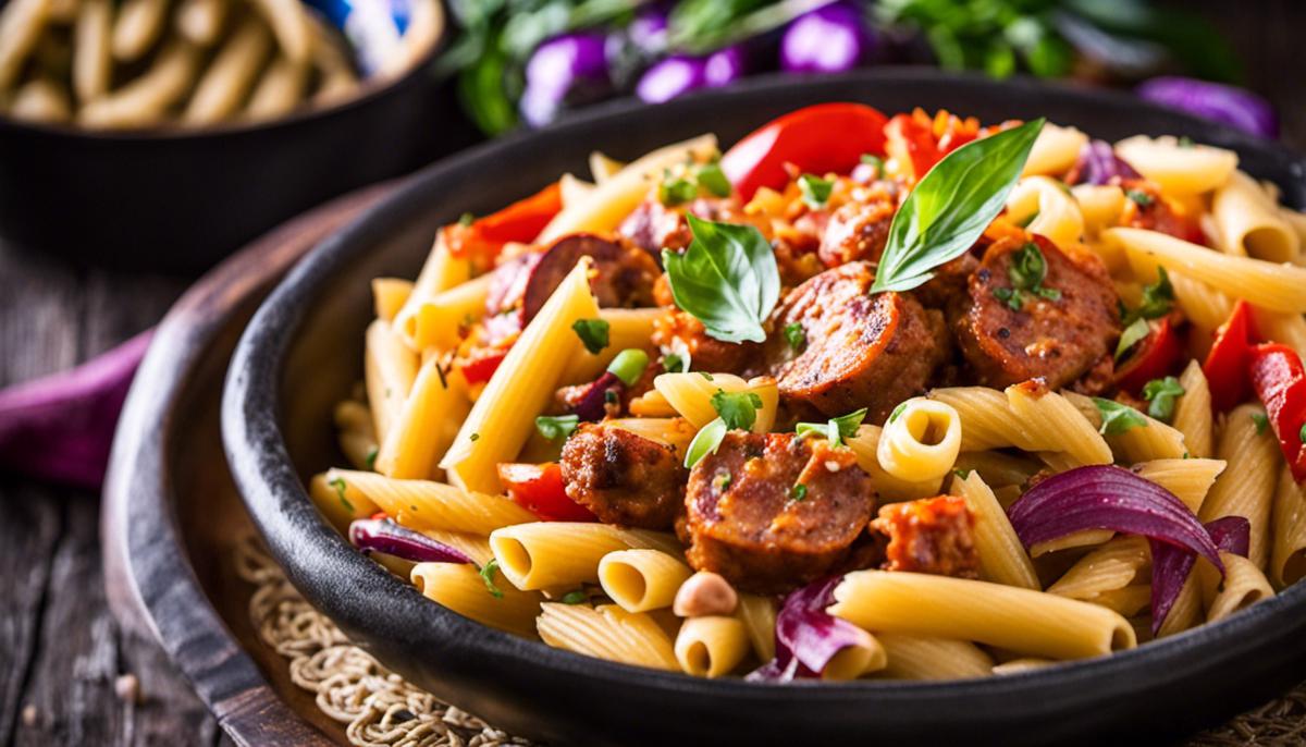 A colorful dish of Mardi Gras pasta consisting of penne pasta, bell peppers, and Andouille sausage, with a creamy sauce and Cajun seasoning.