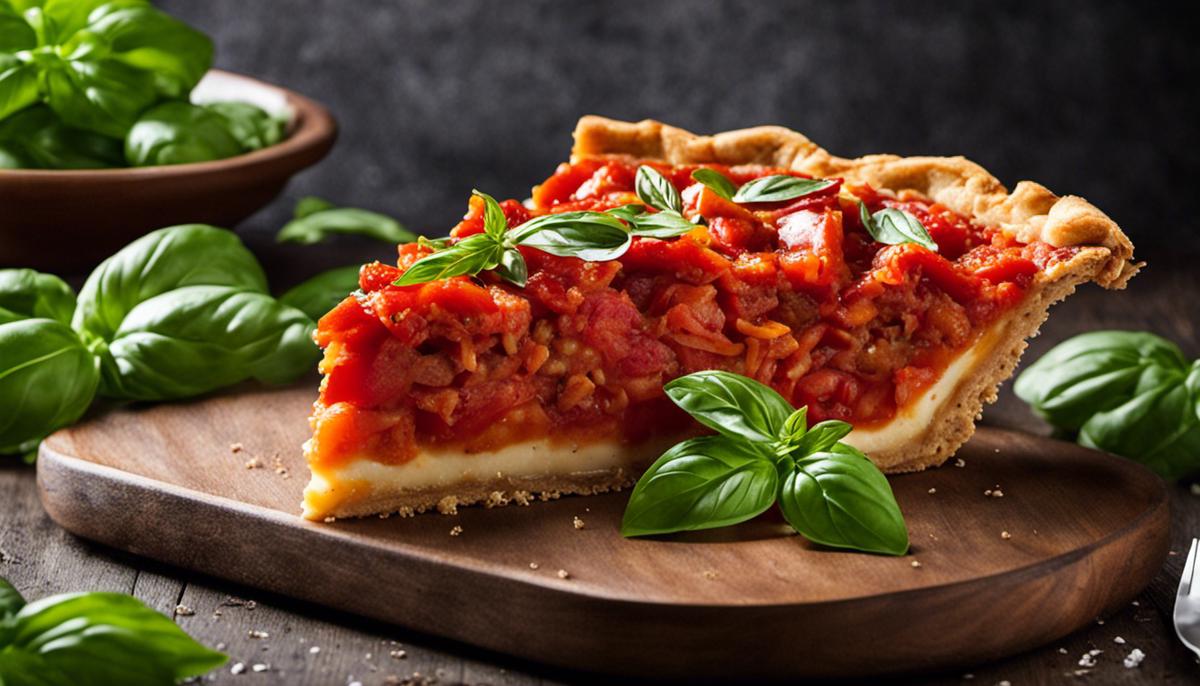 A delicious slice of Mary Mac's Tomato Pie topped with basil leaves.