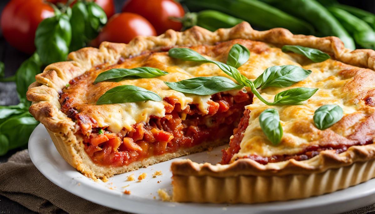 A delicious tomato pie made with ripe tomatoes, fresh basil, green onions, cheese, and mayonnaise. The pie is baked to perfection with a golden brown crust and a creamy, savory filling.