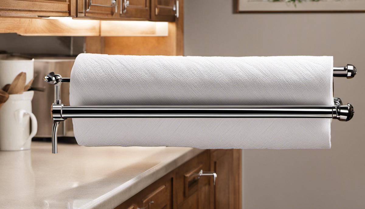 A paper towel holder mounted on a wall in a kitchen.