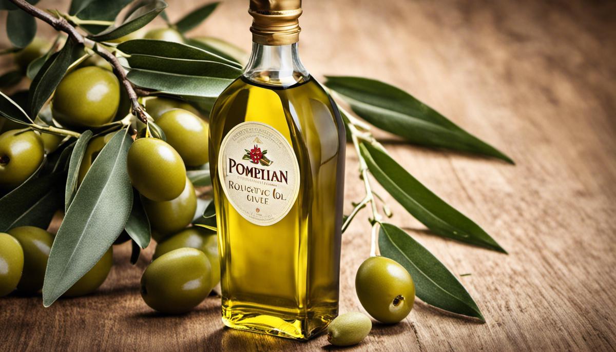A bottle of Pompeian Robust Extra Virgin Olive Oil with a fresh olive branch beside it.