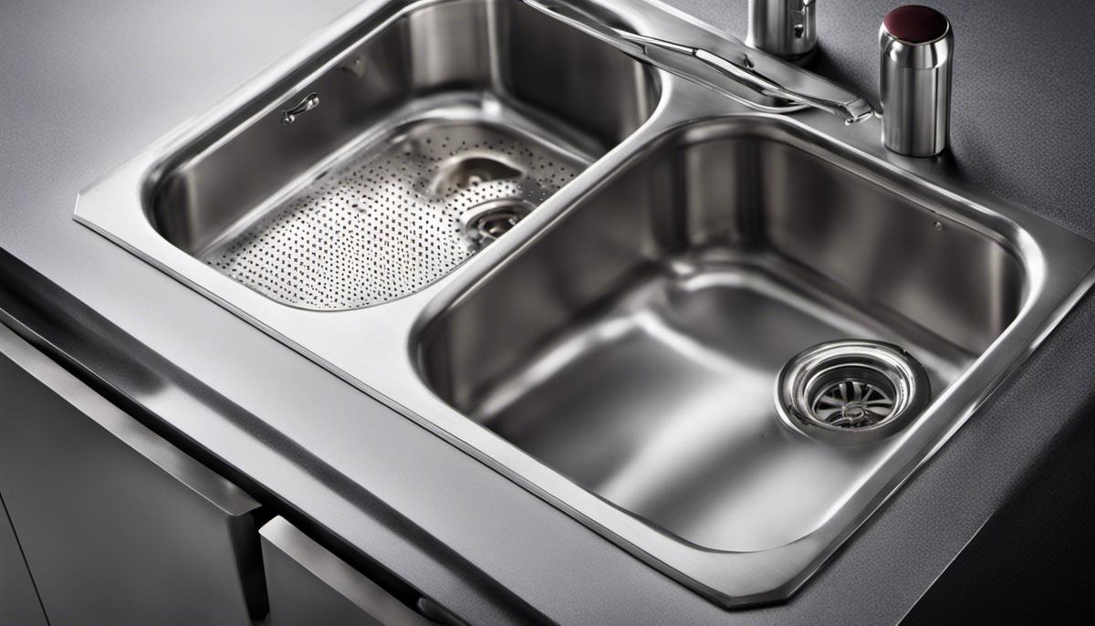 A kitchen sink made of stainless steel, with water droplets on its surface.