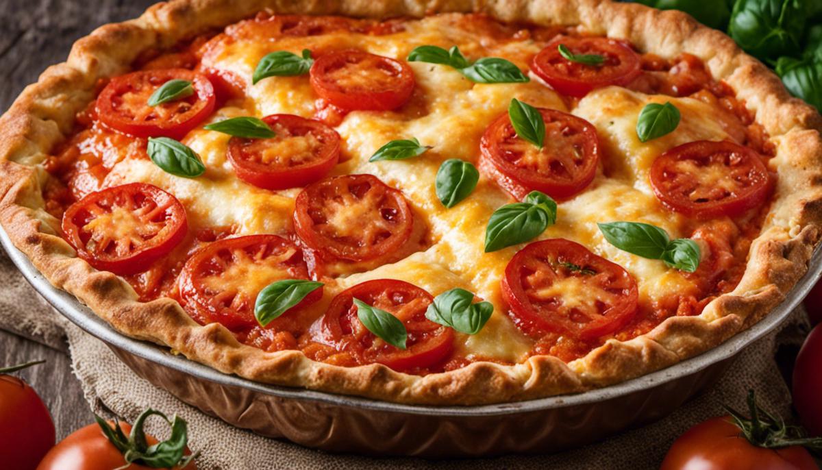 A delicious tomato pie served on a plate, showcasing the flaky crust, ripe tomatoes, and melted cheese.