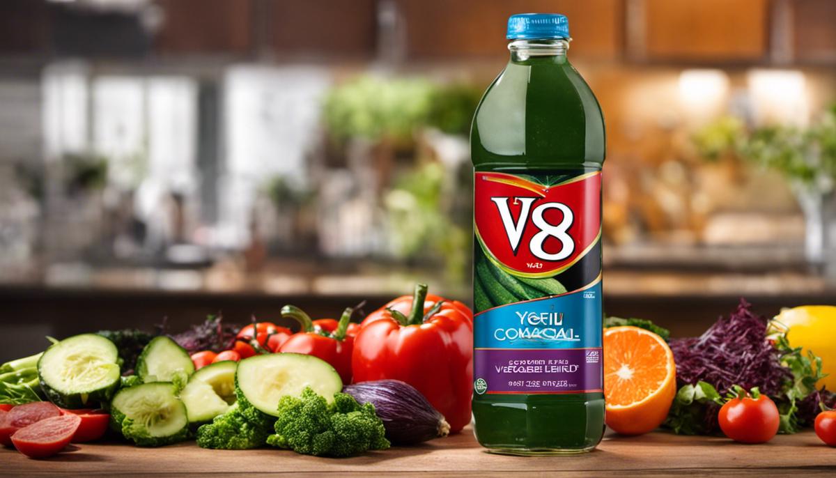 A bottle of V8 Juice sitting on a table, displaying the colorful vegetable blend inside.