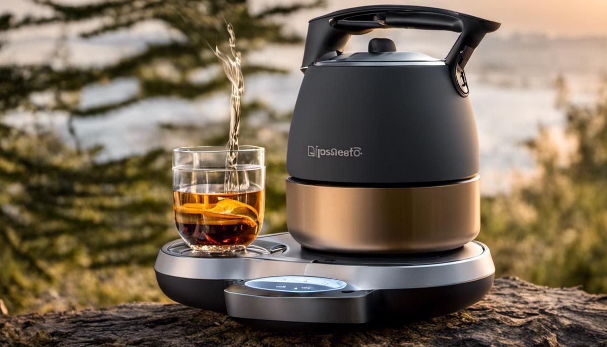 A compact electric kettle suitable for van life, demonstrating its small size and foldable design.