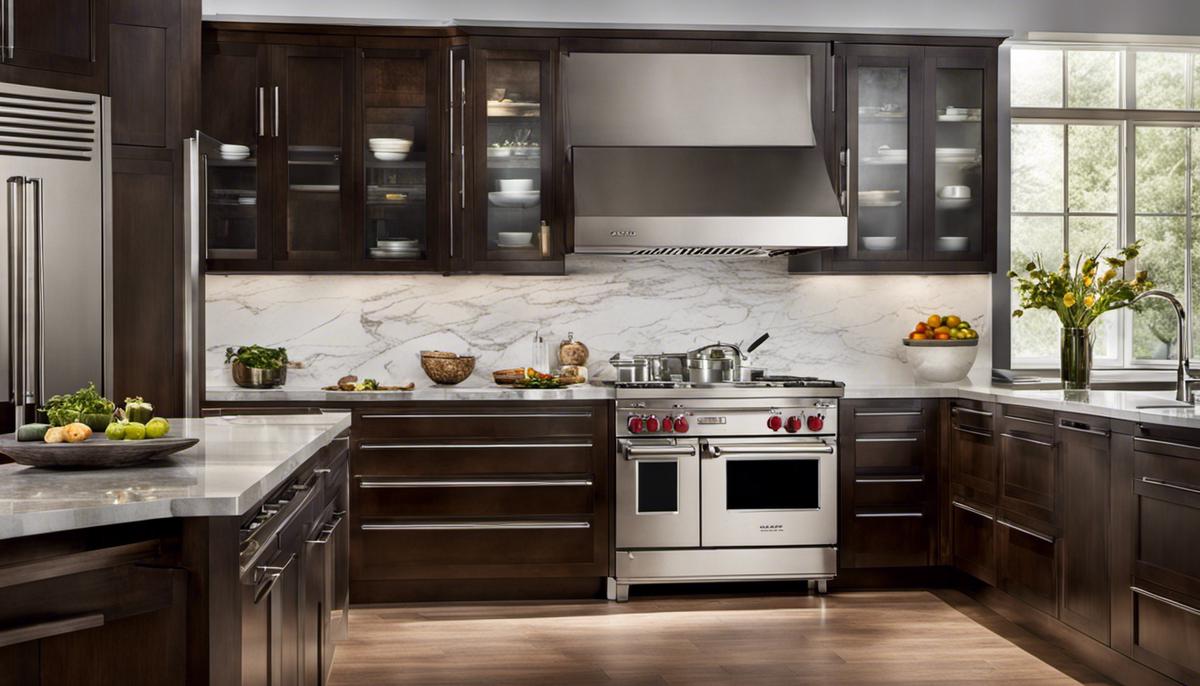 A countertop oven with stainless steel construction and a glass door, designed to match other Wolf appliances, adding to the aesthetics of a kitchen.